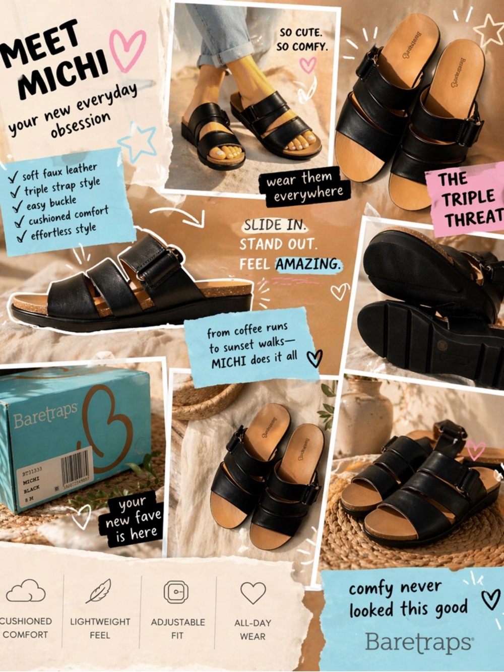 Baretraps Michi sandals size 8W black leather NITB